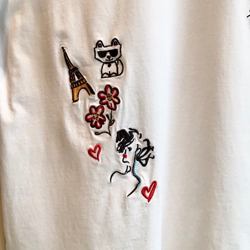 Karl Lagerfeld Embroidered Logo Whimsy Short Sleeve Tee Sketch Artwork Paris - Picture 8 of 15